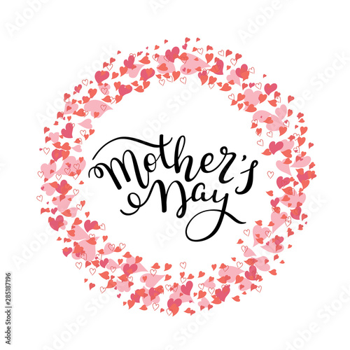 Hand lettering Mother's Day with hearts. Template greeting card, poster.