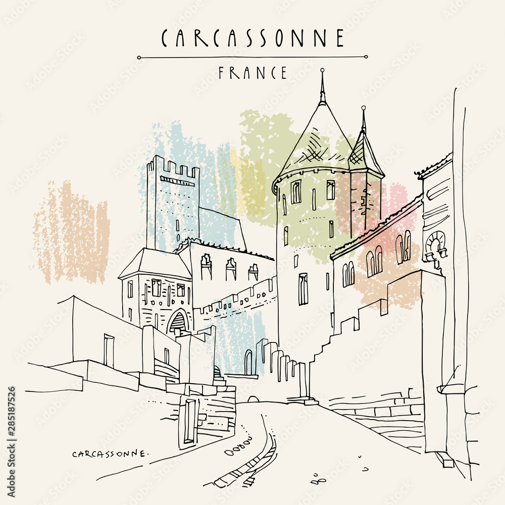 Carcassonne castle, France, Europe. Hand drawing in retro style. Travel sketch. Vintage touristic postcard, poster or book illustration in vector