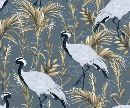 Seamless pattern with japanese cranes and golden reeds