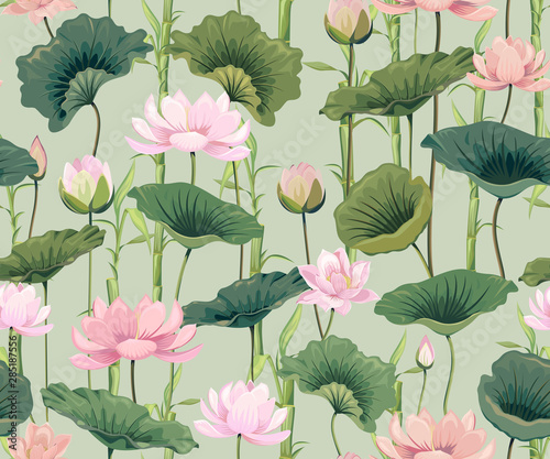 Seamless pattern with lotuses and bamboo.