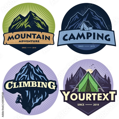 Mountain Camping Logos, Templates, Vector Design Elements, Outdoor Adventure and Forest Expeditions. Vintage Emblems and Badges Retro Illustration Logo Set Collections