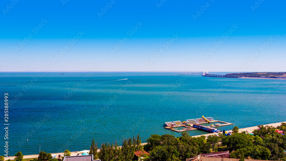 beautiful summer landscape with views of the sea and the Crimean bridge in the city of Kerch from Mount Mithridates