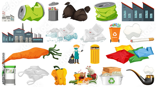 Pollution, litter, rubbish and trash objects isolated