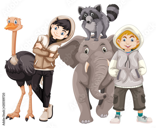 Children with animals on isolated background