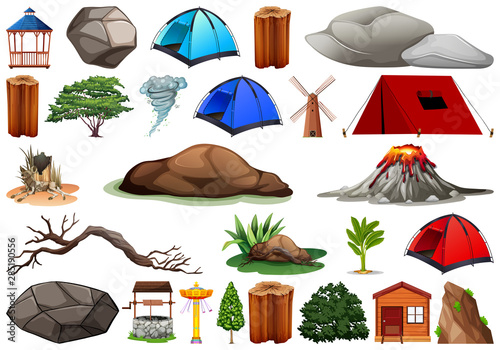 Collection of outdoor nature themed objects and plant elements