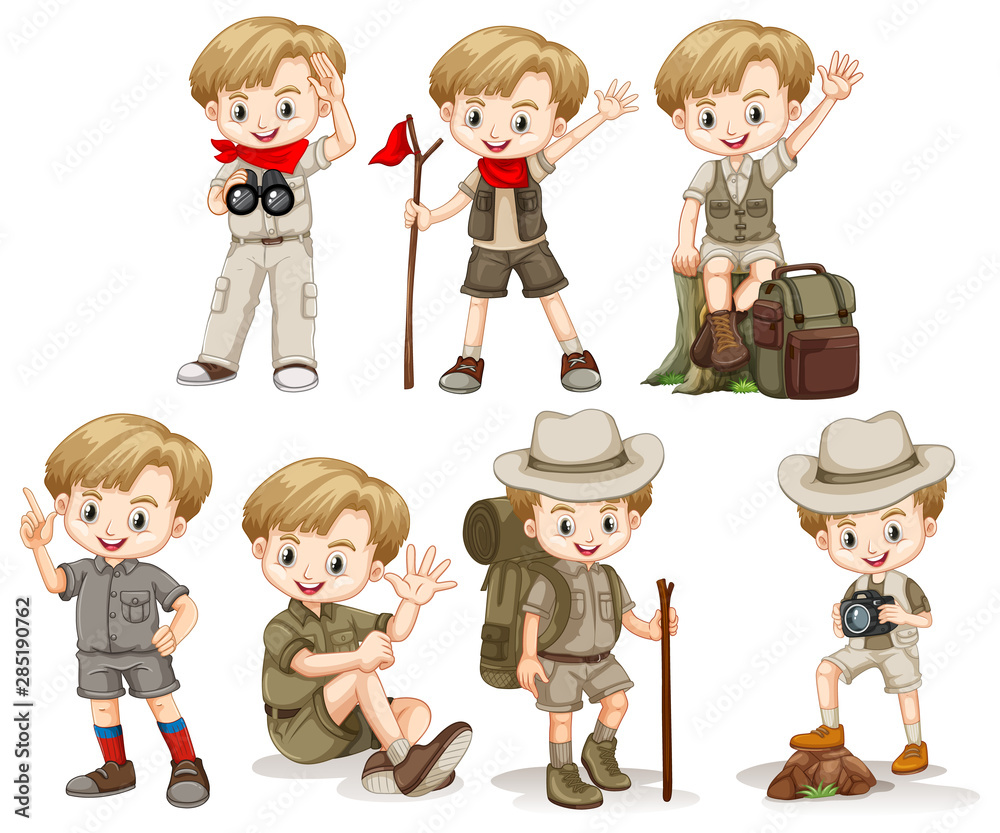 Boy in outdoor outfit doing different things Boy in outdoor outfit doing different things