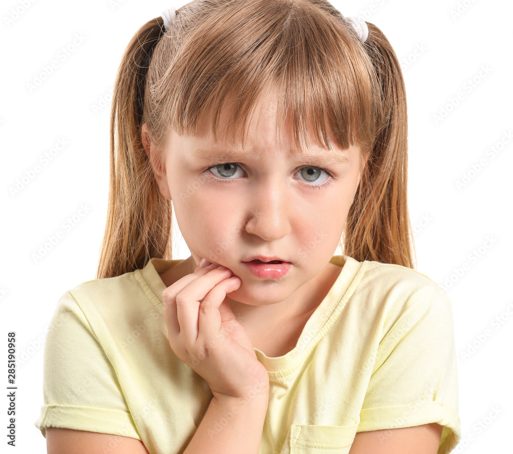 Little girl suffering from toothache on white background Little girl suffering from toothache on white background