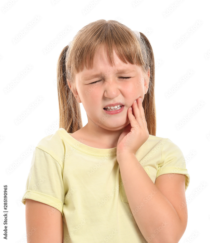 Little girl suffering from toothache on white background Little girl suffering from toothache on white background