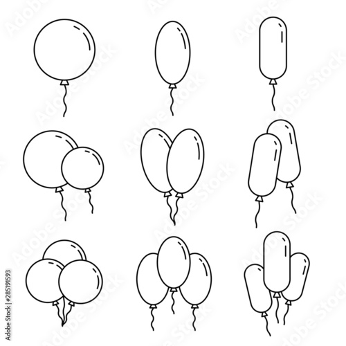 Set of outline baloons and balloon bunches. Decorative illustration for birthday cards or anniversary events and other