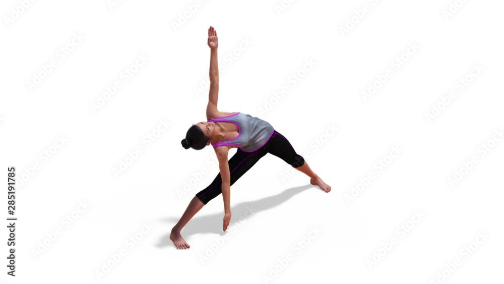 Woman in a Yoga Triangle Pose in Rotation with a White Background Woman in a Yoga Triangle Pose in Rotation with a White Background