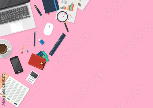 Office workspace with stationery in top view