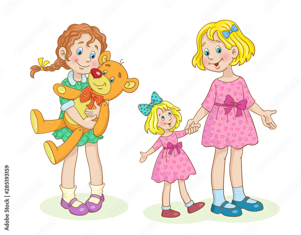 Children are playing. Two cute little girls with their favorite toys. In cartoon style. Isolated on white background. Children are playing. Two cute little girls with their favorite toys. In cartoon style. Isolated on white background.