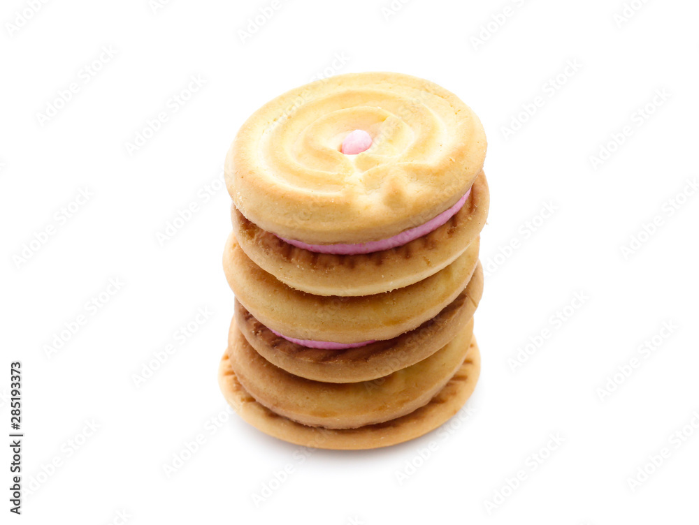 sandwich cookies with strawberry cream on white background sandwich cookies with strawberry cream on white background