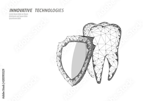 Low poly tooth protection medical concept. Cavity prevent shield toothpaste. Enamel reconstruction healthcare. Polygonal healthy dentistry procedure vector illustration