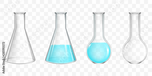 Different shape, empty, filled with water, blue liquid, chemical reagent lab flasks 3d realistic vector set isolated on transparent background. Scientific or medical laboratory glassware illustration photo