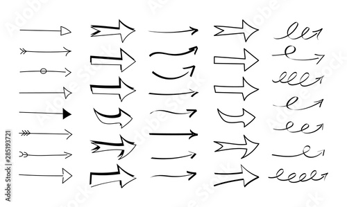 Hand dawn arrow set. Vector curve arrows icon collection in doodle style
