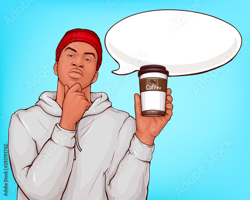 Coffee shop pop art vector advertising banner or poster template with pensive, thoughtful young african-american man in grey hoody and red beanie showing coffee paper cup illustration with speak cloud
