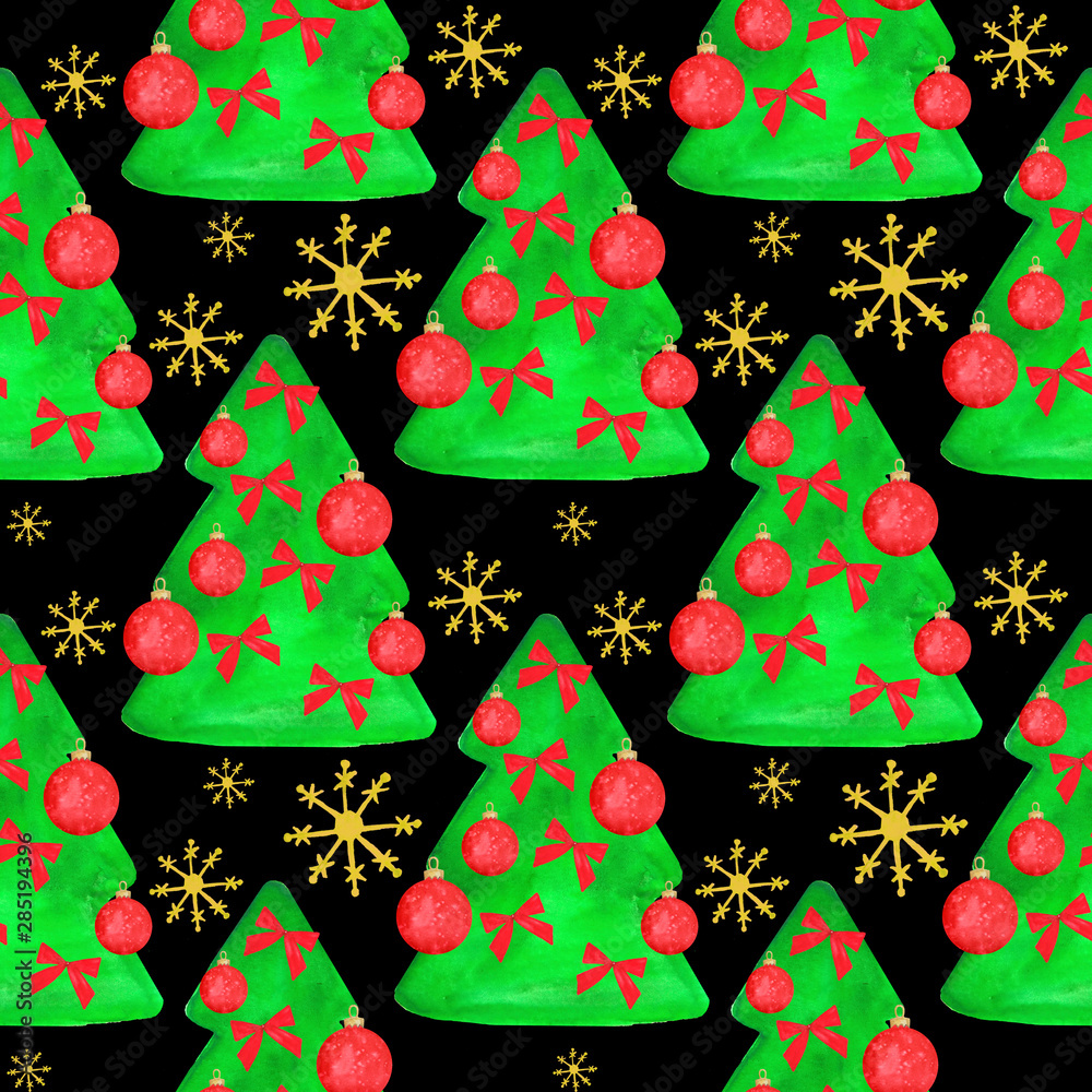 Watercolor New Year seamless pattern. Merry Christmas Winter Holiday Christmas Tree Bowknot Christmas Ornaments Snowflakes Design Posters Invitations Greeting Cards Scrapbooking Textile Watercolor New Year seamless pattern. Merry Christmas Winter Holiday Christmas Tree Bowknot Christmas Ornaments Snowflakes Design Posters Invitations Greeting Cards Scrapbooking Textile