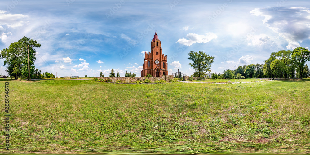 full seamless spherical hdri panorama 360 degrees angle view near neo gothic catholic church of ascension of mary in equirectangular projection with zenith and nadir, AR VR content