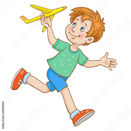 The boy runs with a toy plane in his hand.  In cartoon style. Isolated on white background.