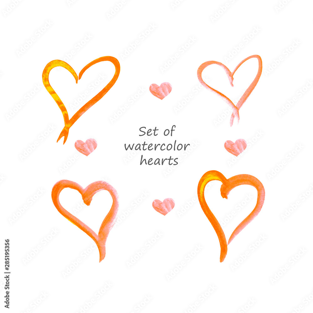 Set of orange watercolor hearts. Collection of hearts isolated on white background. Hand drawn. Romantic autumn design element for wedding invitation, card.