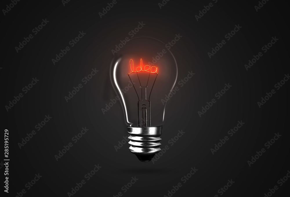 One lighting bulb lamp with idea words, on black dark background, 3D rendering, macro view One lighting bulb lamp with idea words, on black dark background, 3D rendering, macro view