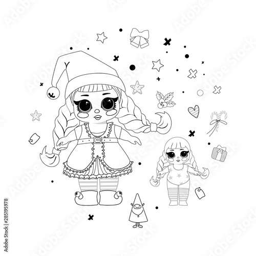 Kids coloring Christmas elf Lol Doll. Cute vector illustration.