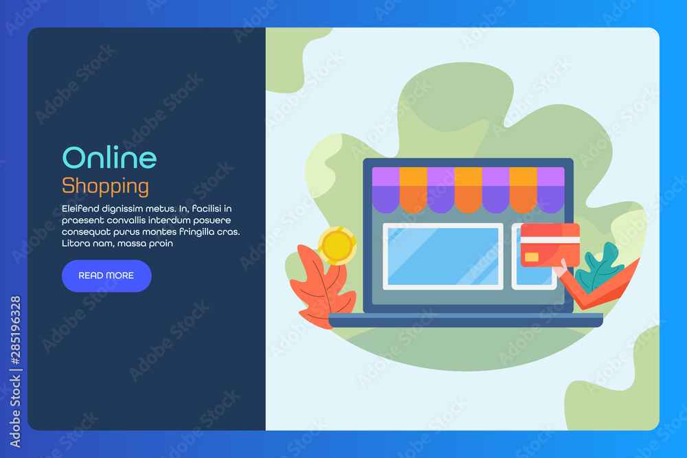 Online shopping, ecommerce store on laptop screen, buy online product concept, flat illustration, vector web banner template.