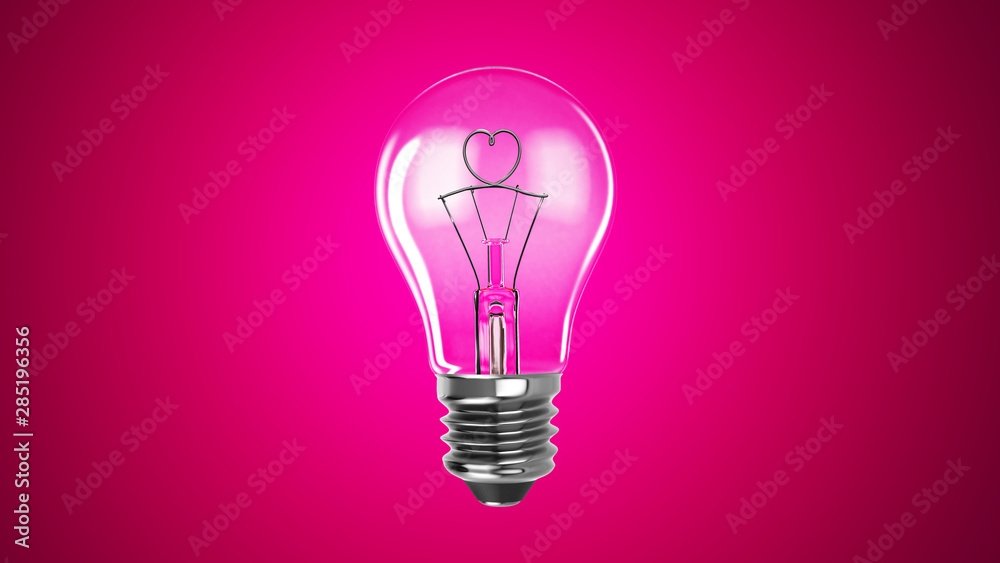 Lighting bulb lamp with heart shape isolated on pink background, 3D rendering, macro view Lighting bulb lamp with heart shape isolated on pink background, 3D rendering, macro view