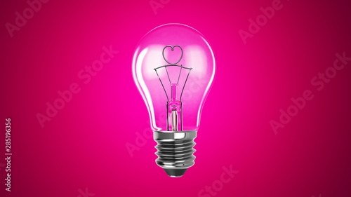 Lighting bulb lamp with heart shape isolated on pink background, 3D rendering, macro view