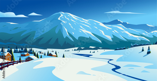 Vector flat landscape illustration of winter nature view: snowy hills, sky, mountains, river, cozy houses. Good for travel banner, card, vacation touristic advertising, winter resort brochure, flayer.