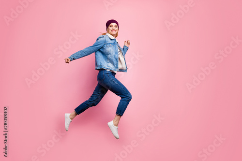 Full length body size photo of lady running on air just seeing that price of pillow she has been dreaming of was decreased by half while isolated with pastel background