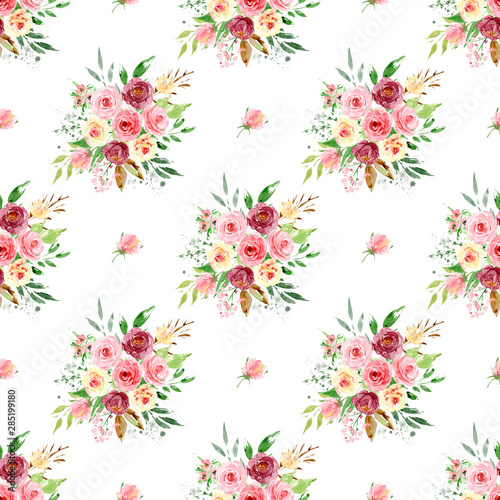 Seamless pattern, floral texture with watercolor flowers roses and leaves. Repeating fabric wallpaper print background. Perfectly for wrapping paper, backdrop, frame or border. © Larisa