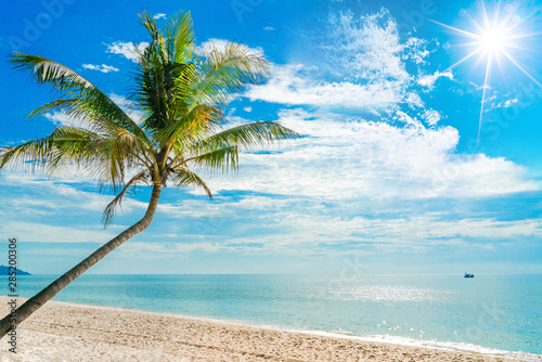 Ocean wave on tropical beach with golden sand, coconut tree, white fluffy clouds blue sky and ripple of water splash from emerald blue-green sea water during summer vacation. 