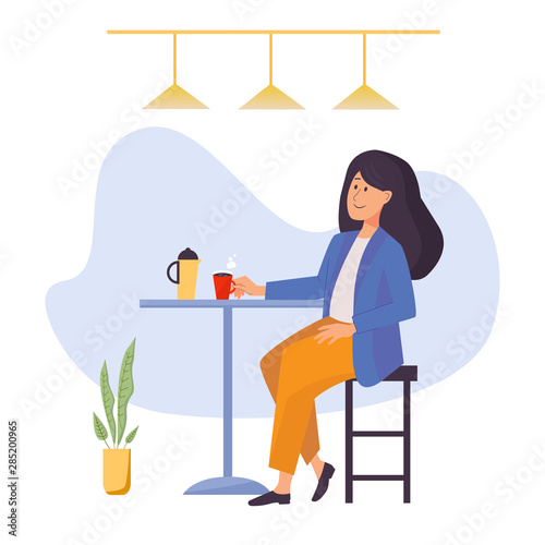 Woman character in flat style sitting in the cafe and drinks coffee with coffee pot on the table. Vector illustration with the interior of a cafe, restaraunt