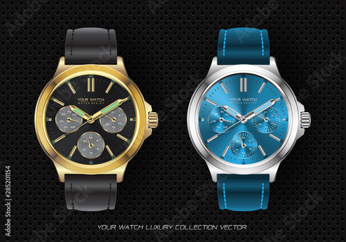 Realistic clock watch chronograph gold black and silver blue collection luxury on black circle mesh background vector illustration.