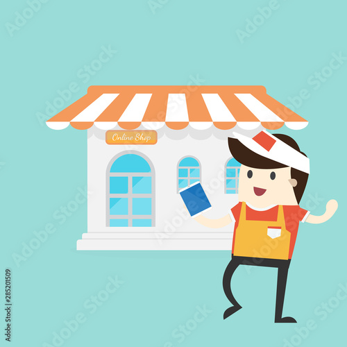 Shopkeeper stand hold tablet,Online service vector illustration concept for online ordering goods, e-commerce, online shopping