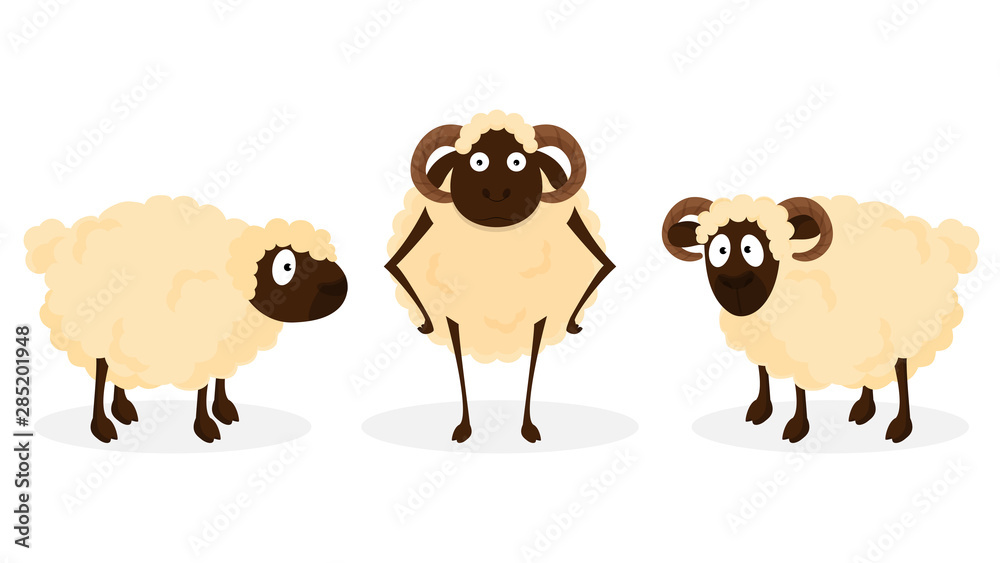 Obraz premium Cartoon character of three sheep on white background.