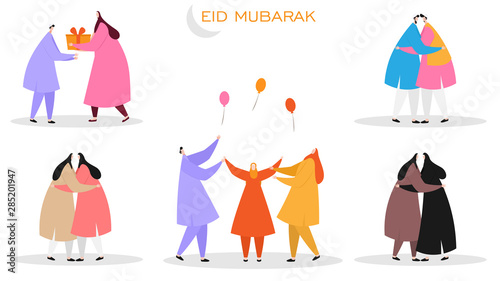 Faceless character of Muslim people celebrating on the occasion of Eid Mubarak festival on white background.