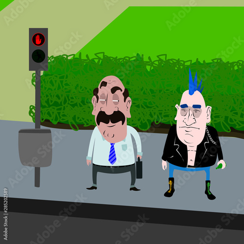 Vector illustration of a middle-aged man and an old punk standing at a traffic light and.