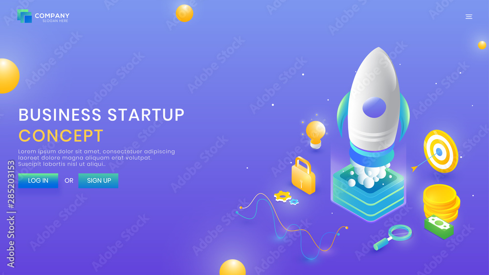 Naklejka premium Business Start up website template design, 3d illustration of company launching new project with business element like as money, target board, lock and idea growth concept.