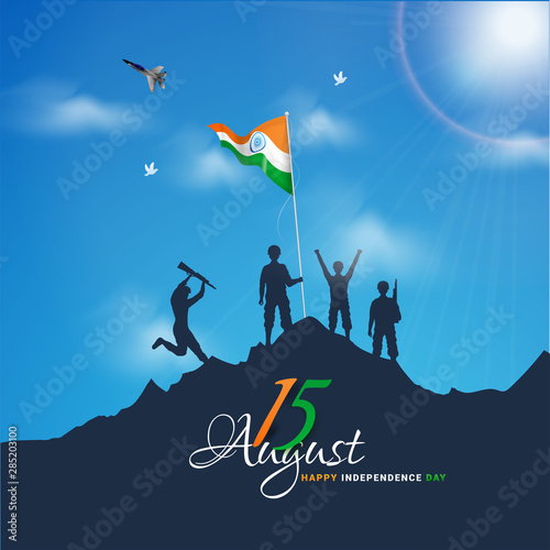 Indian Army soldiers waving flag on top of mountain for 15 August Happy Independence Day celebration concept. Can be used as poster or banner design.