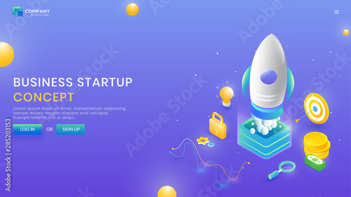 Fototapeta Naklejka Na Ścianę i Meble -  Business Start up website template design, 3d illustration of company launching new project with business element like as money, target board, lock and idea growth concept.