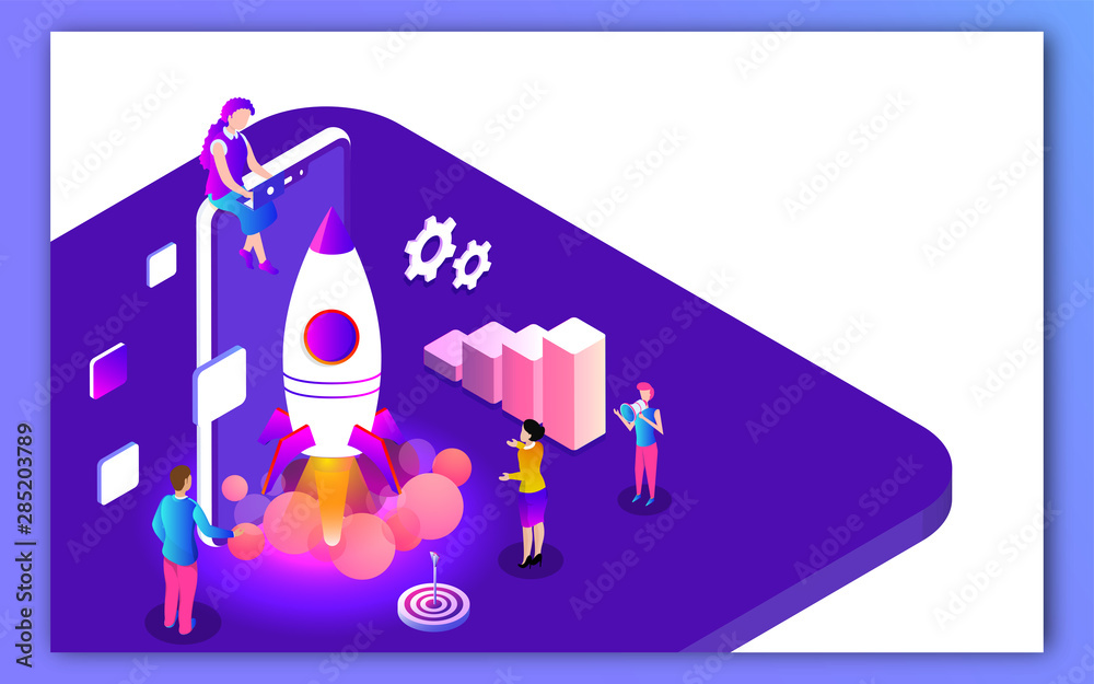 Creative banner or web poster design with illustration of business people launching a successful project from smartphone for Business Start up concept based isometric design.