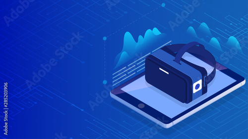 3D illustration of VR glasses with smartphone screen on blue digital circuit background. Can be used as poster or landing page design.