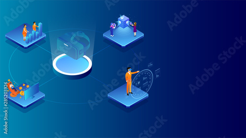 Illustration of people working different project with analysis data through VR glasses for virtual co-working concept based isometric design.