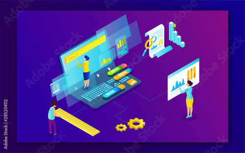 Miniature people using different website for Business Data Management concept based isometric design.