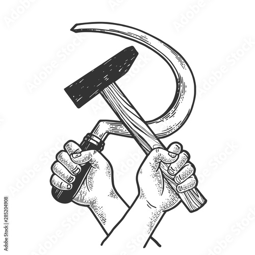 Hand with hammer and sickle sketch engraving vector illustration. Soviet Union proletarian solidarity symbol. Scratch board style imitation. Black and white hand drawn image.