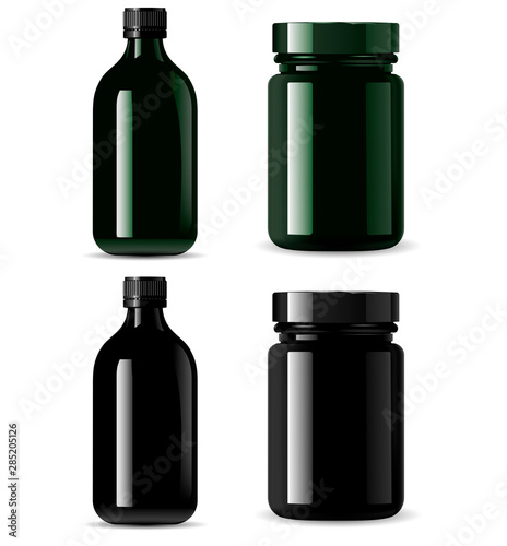 Medicine Bottle Mockup. Black Cosmetic Packaging Container Blank Realistic 3d Illustration Design. Medical Drug Container. Aronatherapy or Essence Flacon. Treatment Vial