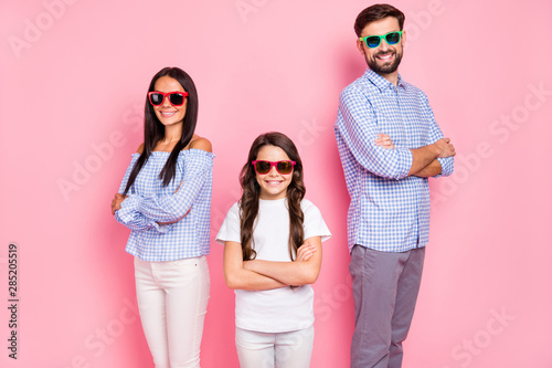 Portrait of lovely confident family with wavy hair look smile wear t-shirt plaid eyewear eyeglasses isolated over pink background